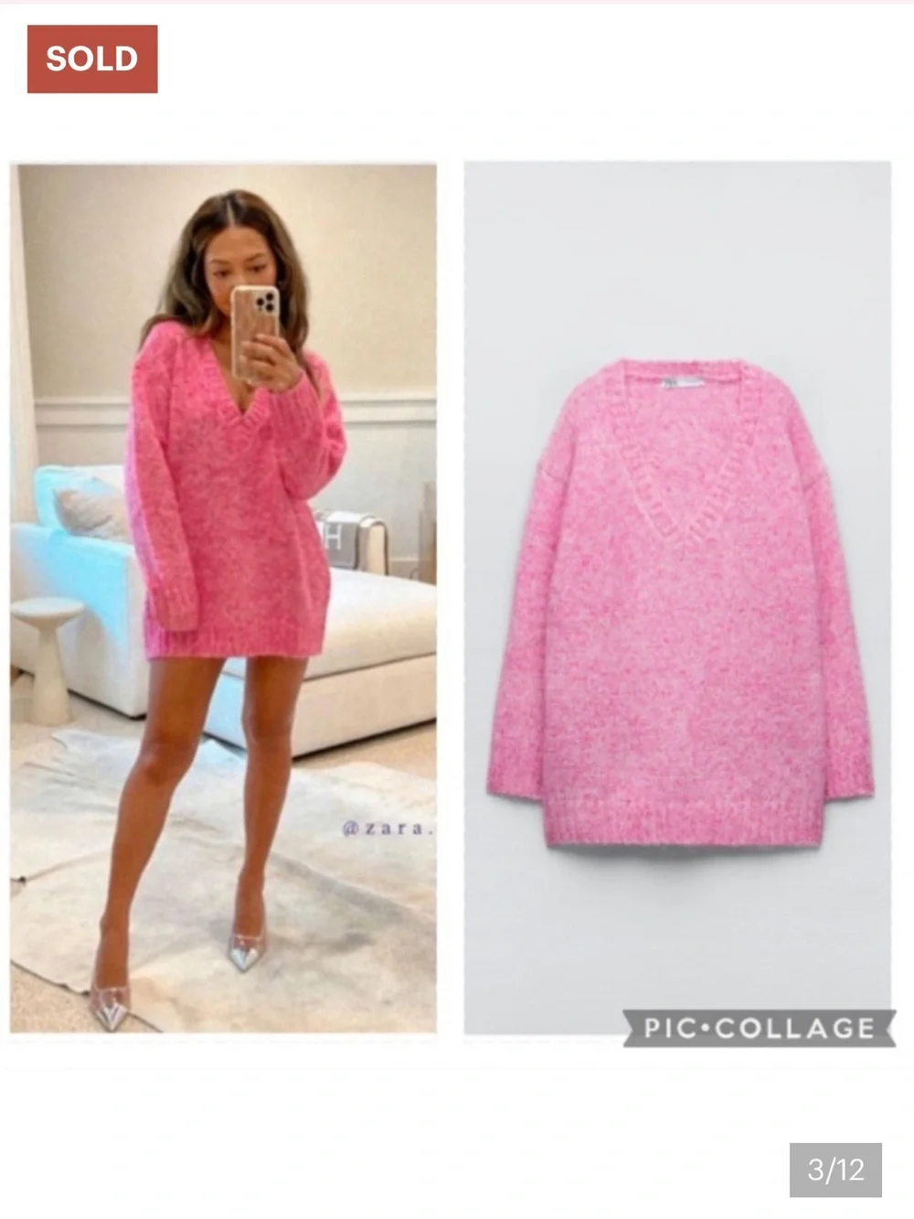 Zara Wool Alpaca Bubblegum Pink V-Neck Oversized Sweater size M - Picture 4 of 10